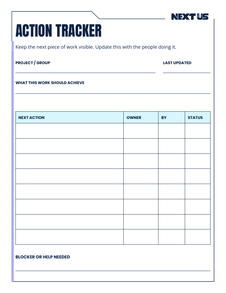 First page of the Action Tracker design